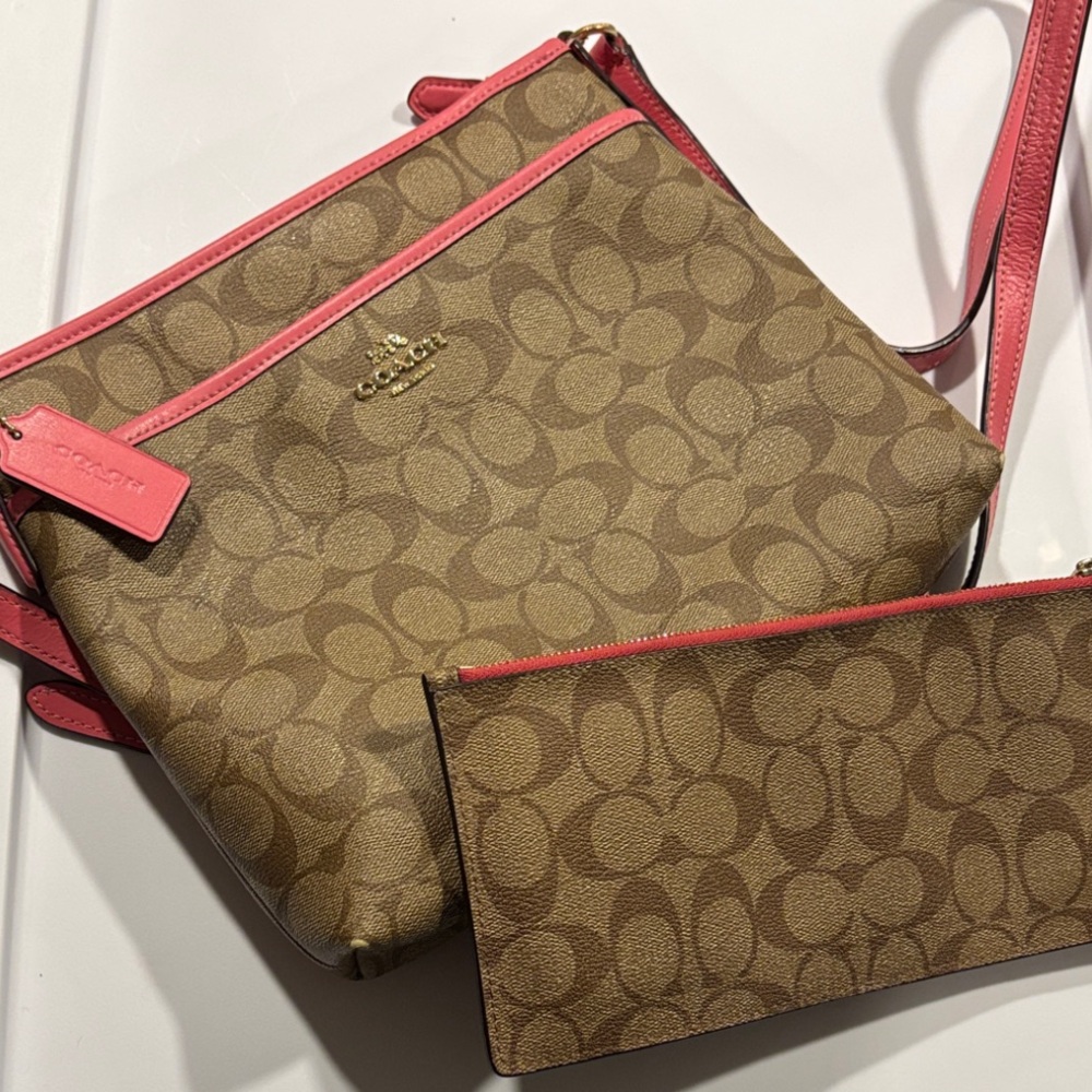 Coach Brown and Pink Signature Crossbody and pouch Bag Set